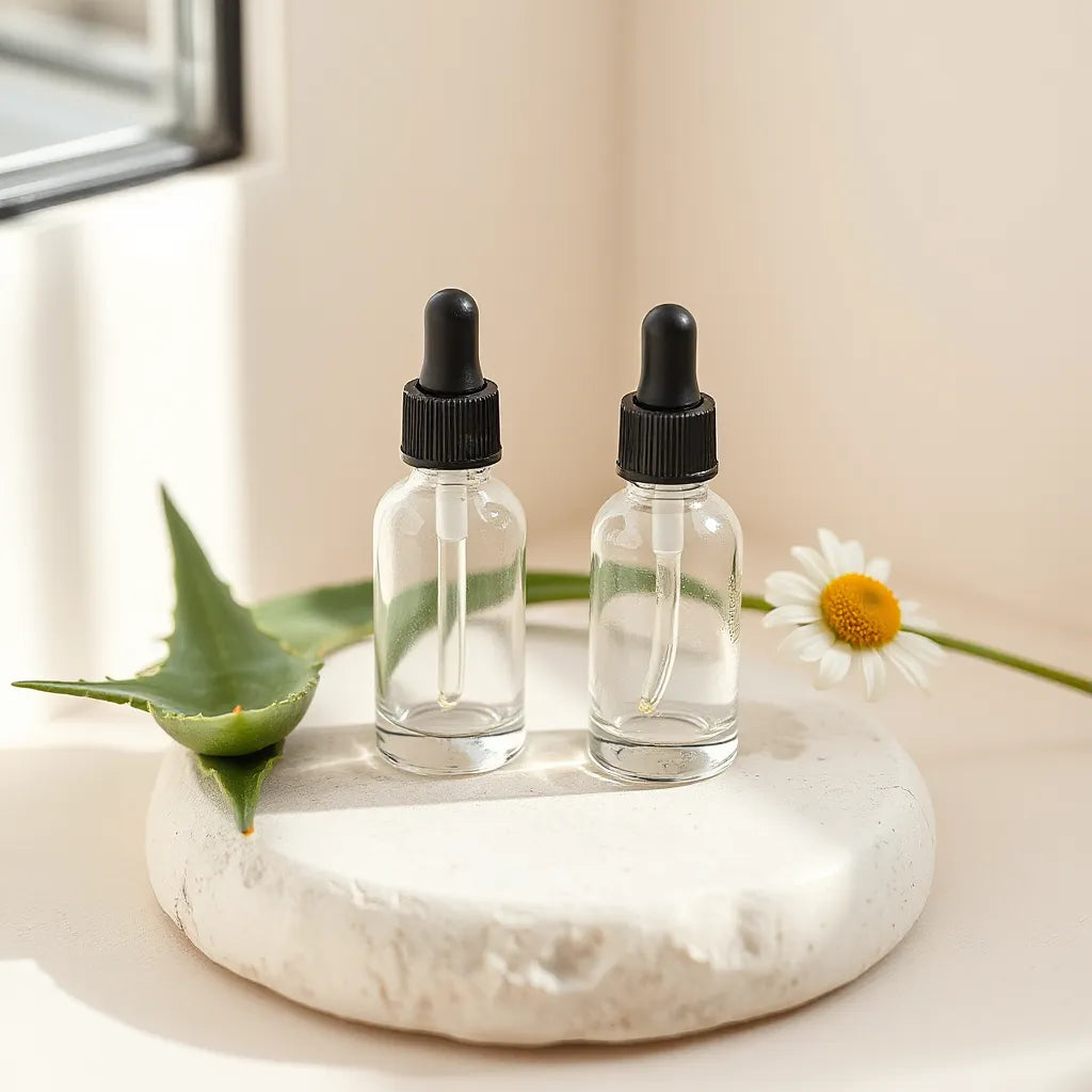 Natural face serum dropper bottles with soft botanicals and gentle daylight on a minimal vanity surface