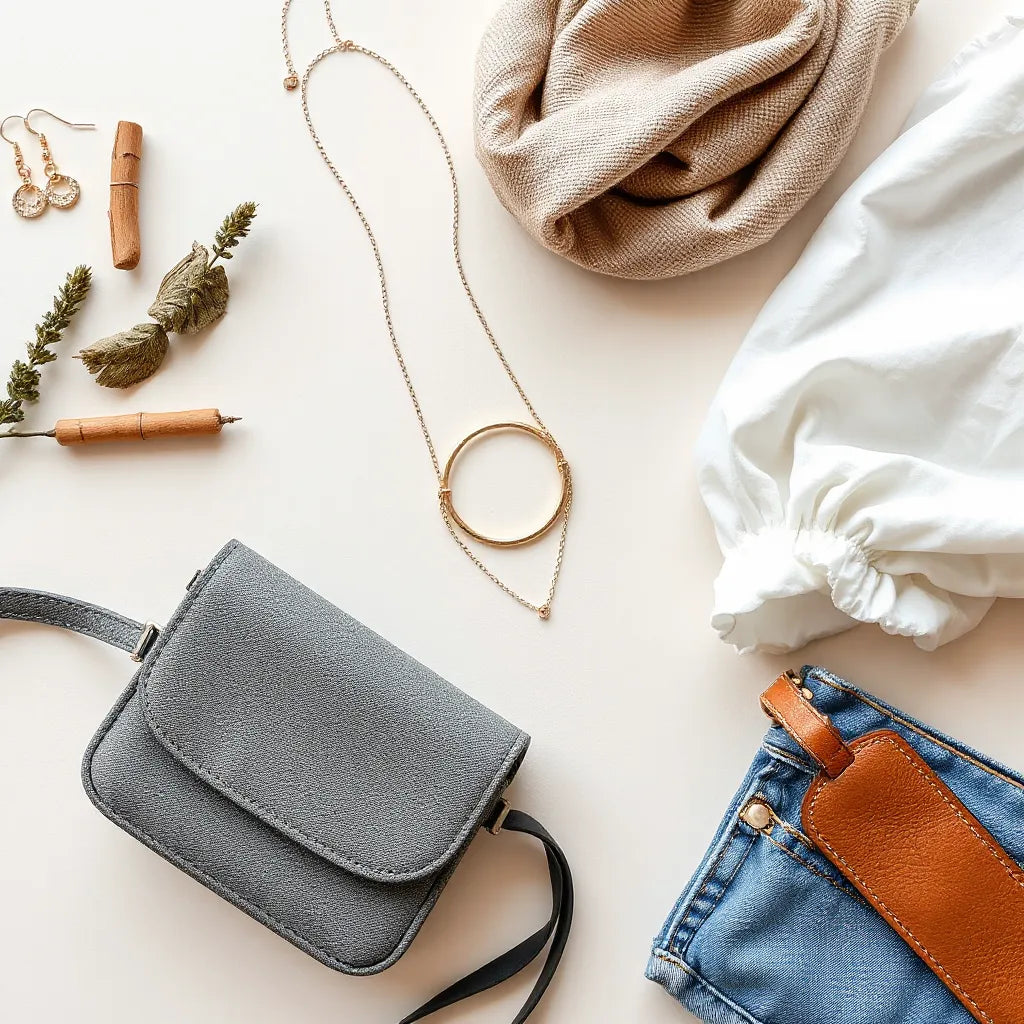 Layered affordable accessories like earrings, necklace, bracelet, and a small crossbody bag arranged on a neutral background