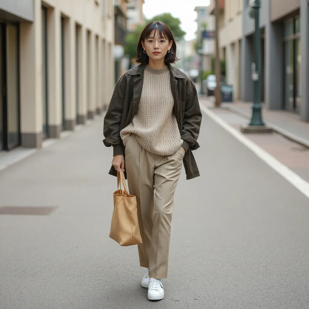 Model in a minimalist street-style outfit blending Japanese and Korean fashion with knitwear, jacket, straight trousers, and sneakers
