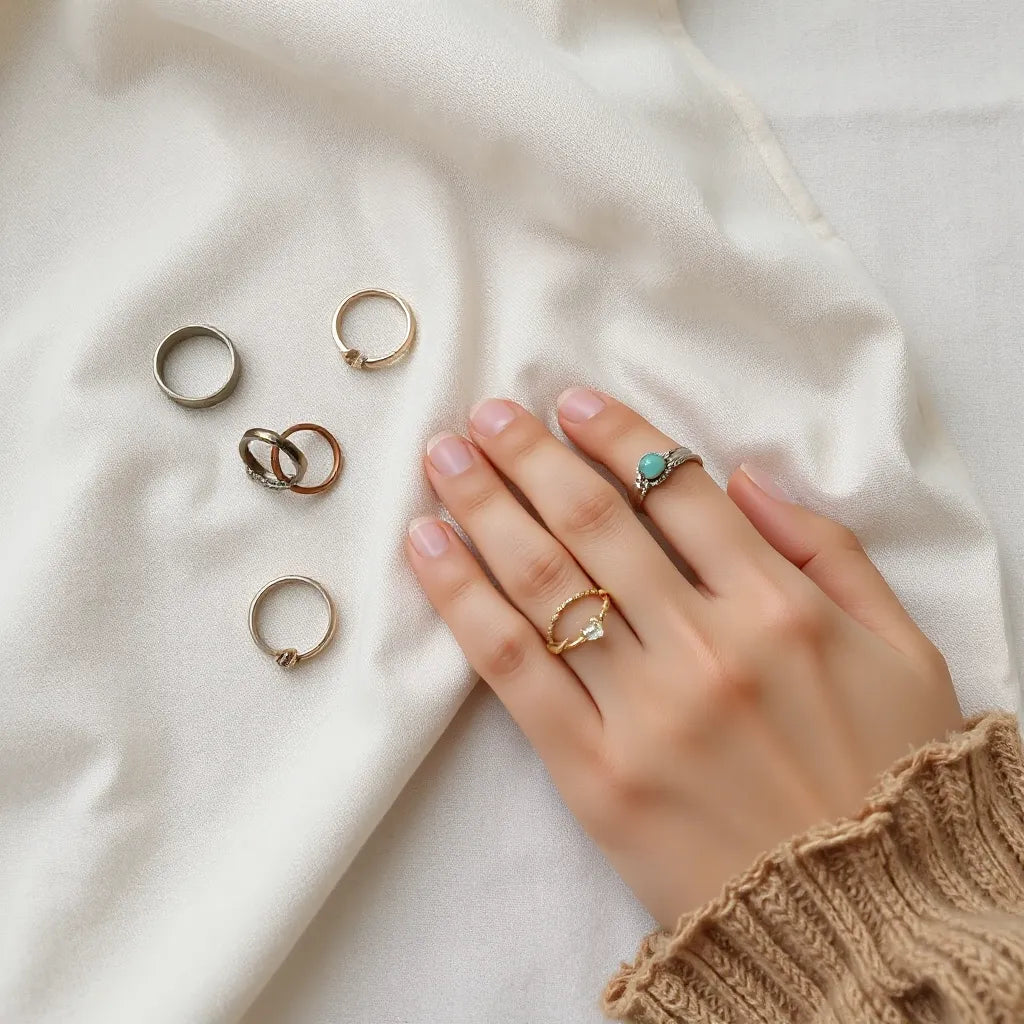 Stacked fashion rings arranged on neutral fabric with a hand showing a minimalist Korean-style design