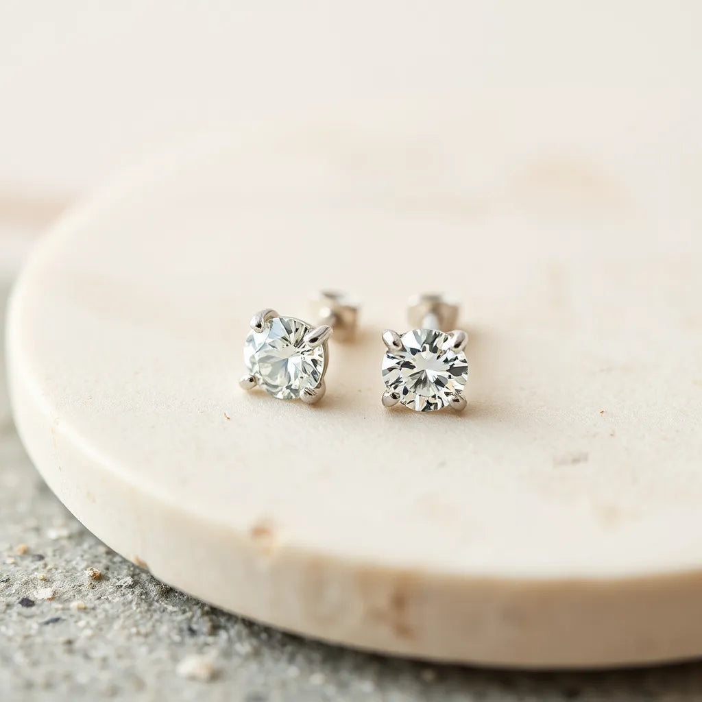 Pair of small diamond stud earrings with clear sparkle on a light neutral background