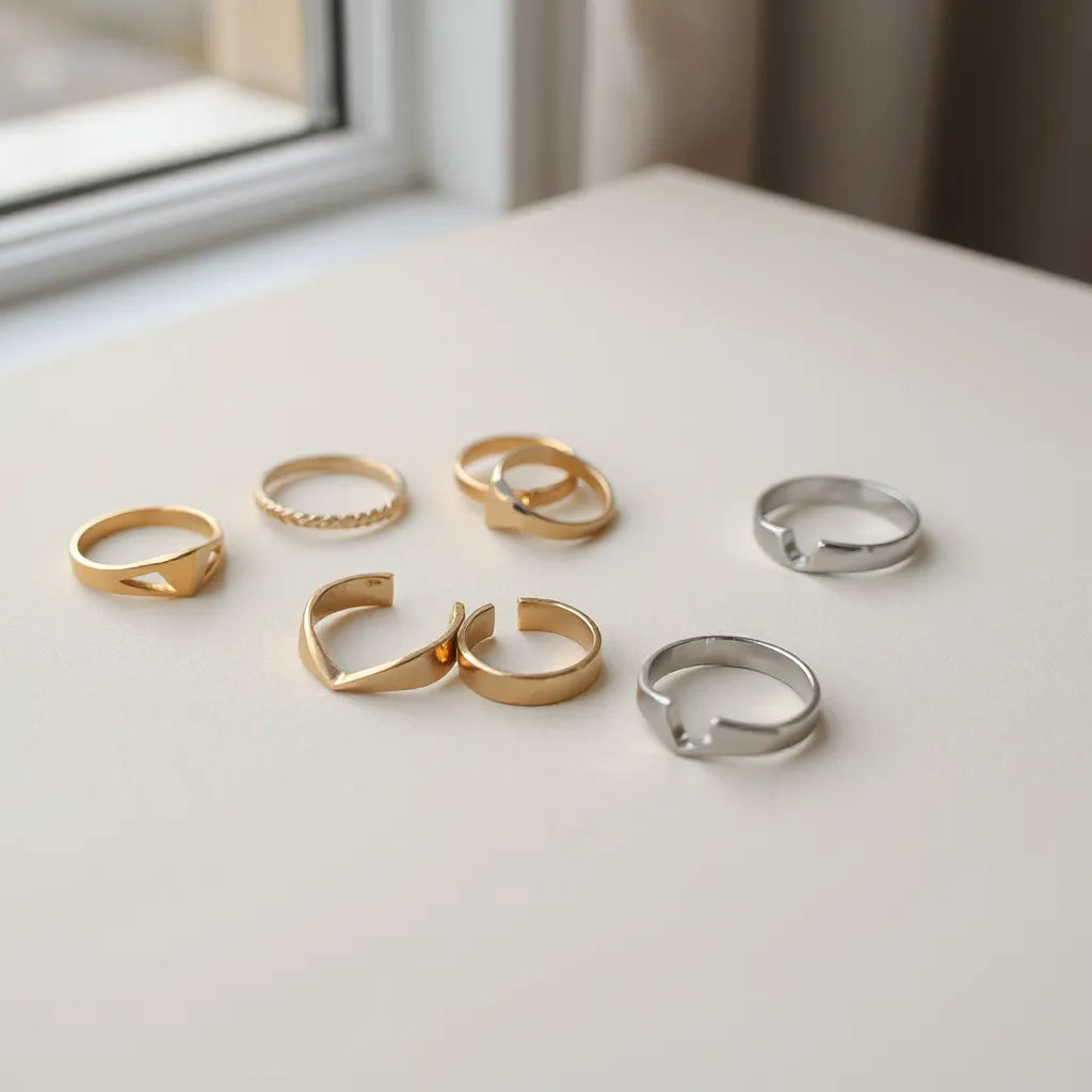 Multiple modern geometric rings with angular designs on a neutral background under soft natural light