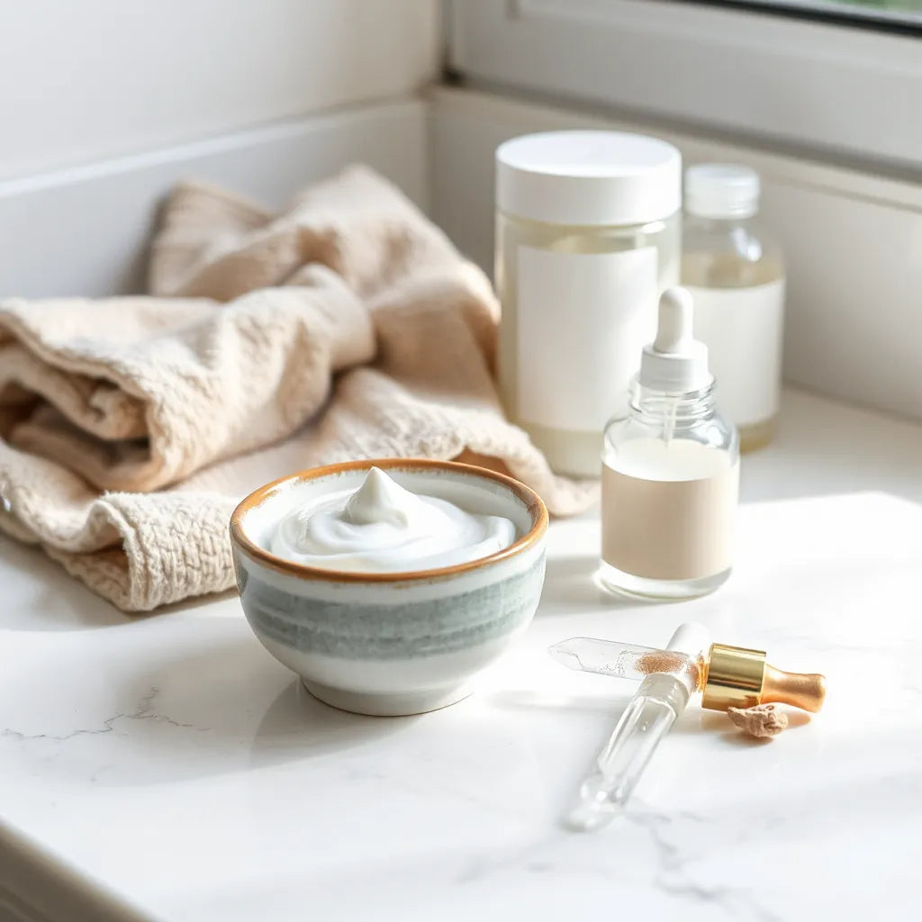 Thick deep cleansing facial mask in a bowl with a brush and skincare dropper on a clean vanity