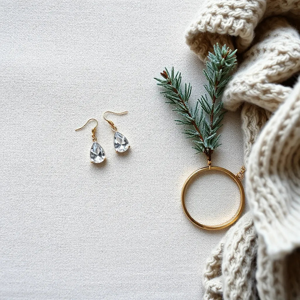 Assorted elegant winter jewelry laid on neutral wool with scarf and pine accents