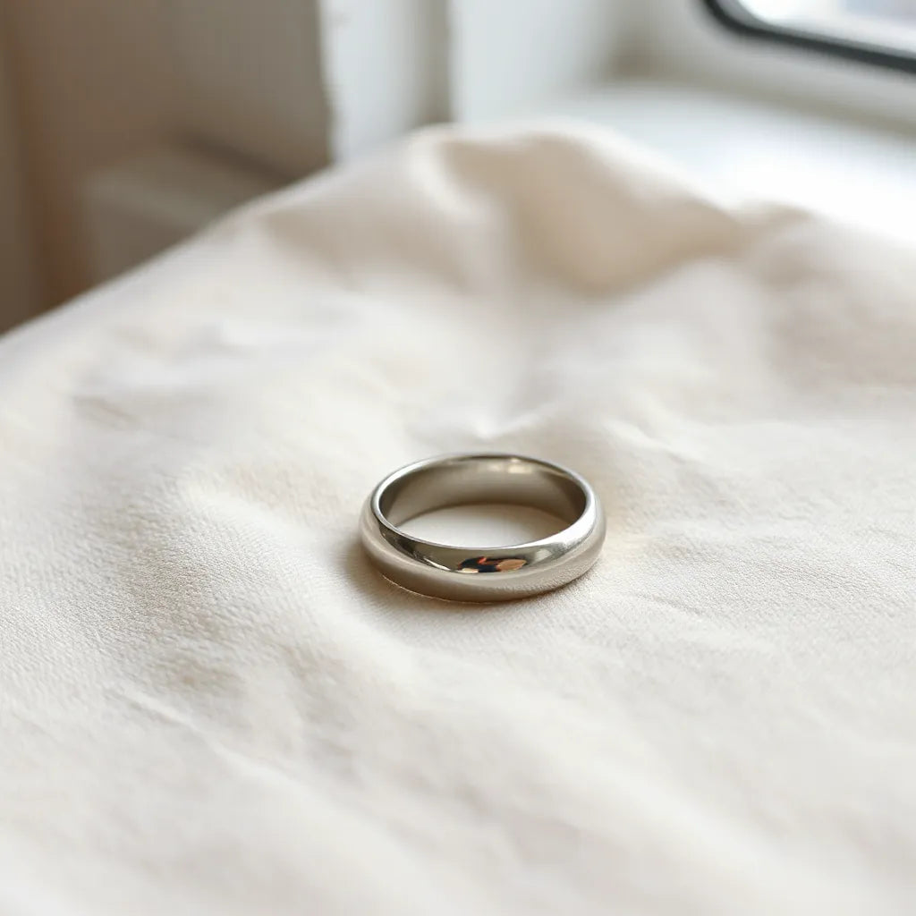 Open smooth ring with a polished finish displayed on neutral fabric under natural light