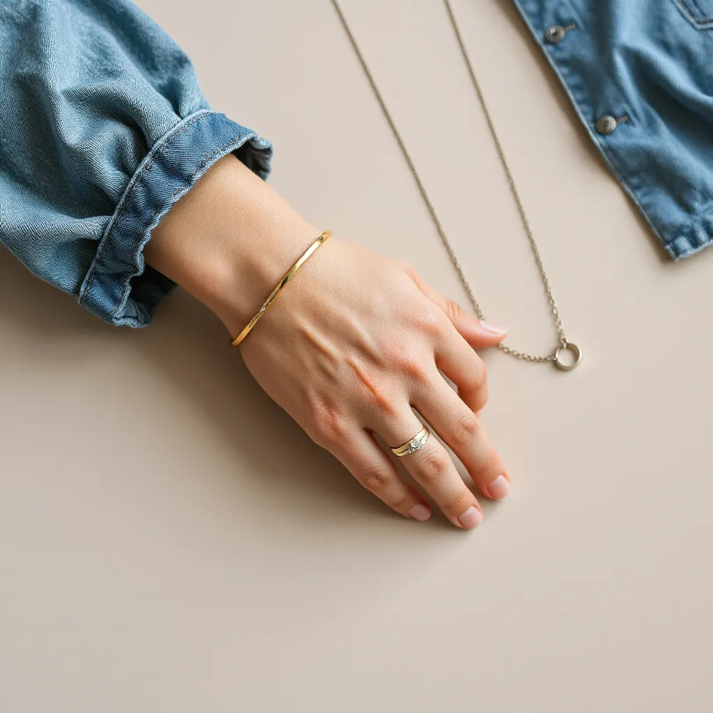 Minimal unisex jewelry set with rings, bracelet, and necklace styled with casual clothing on a neutral background