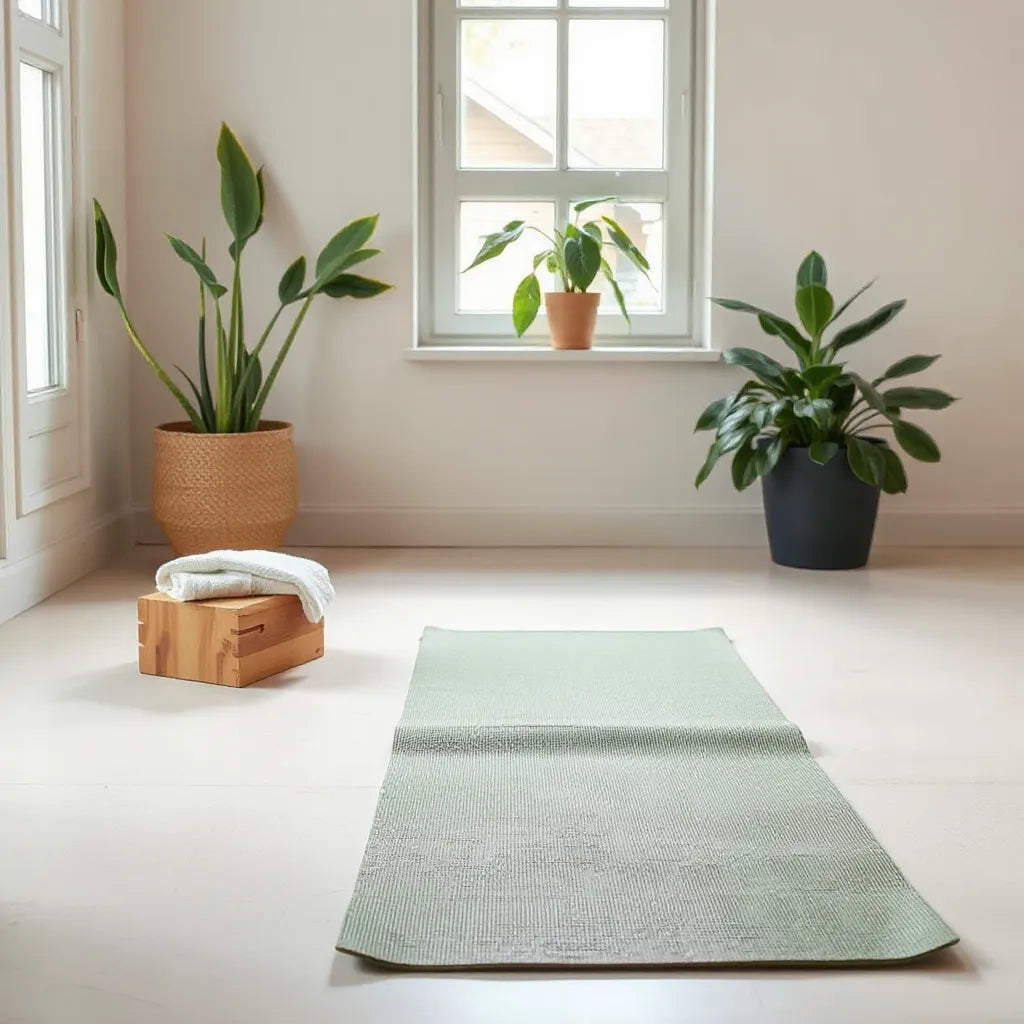 Eco-friendly yoga mat with natural texture on a clean floor beside a towel and wooden yoga block