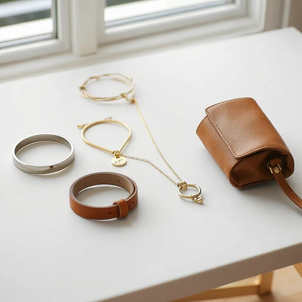 Curated set of minimalist gold-tone jewelry, a leather belt, and a small handbag on a neutral tabletop