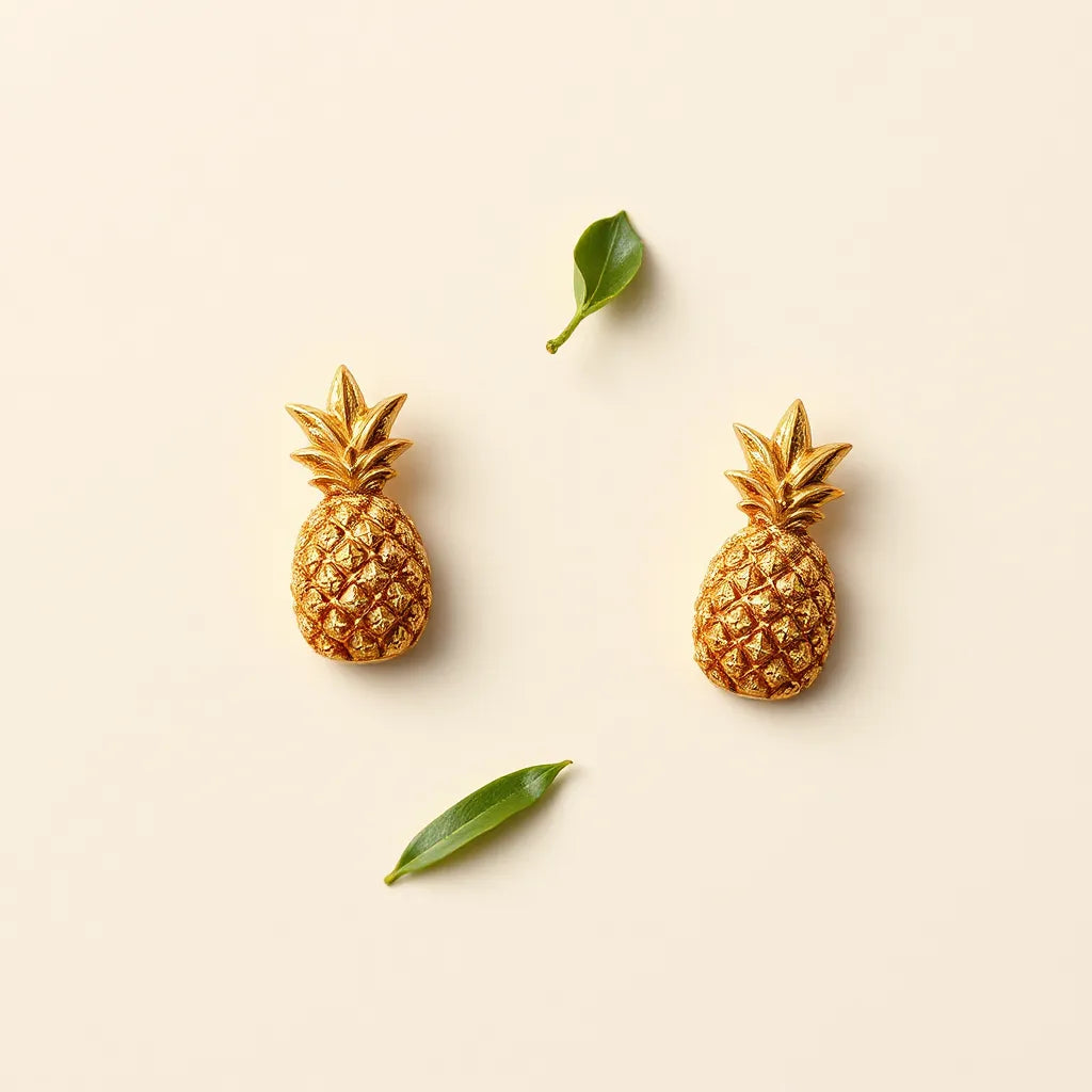 Pineapple shaped earrings with detailed textured leaves displayed on a neutral background