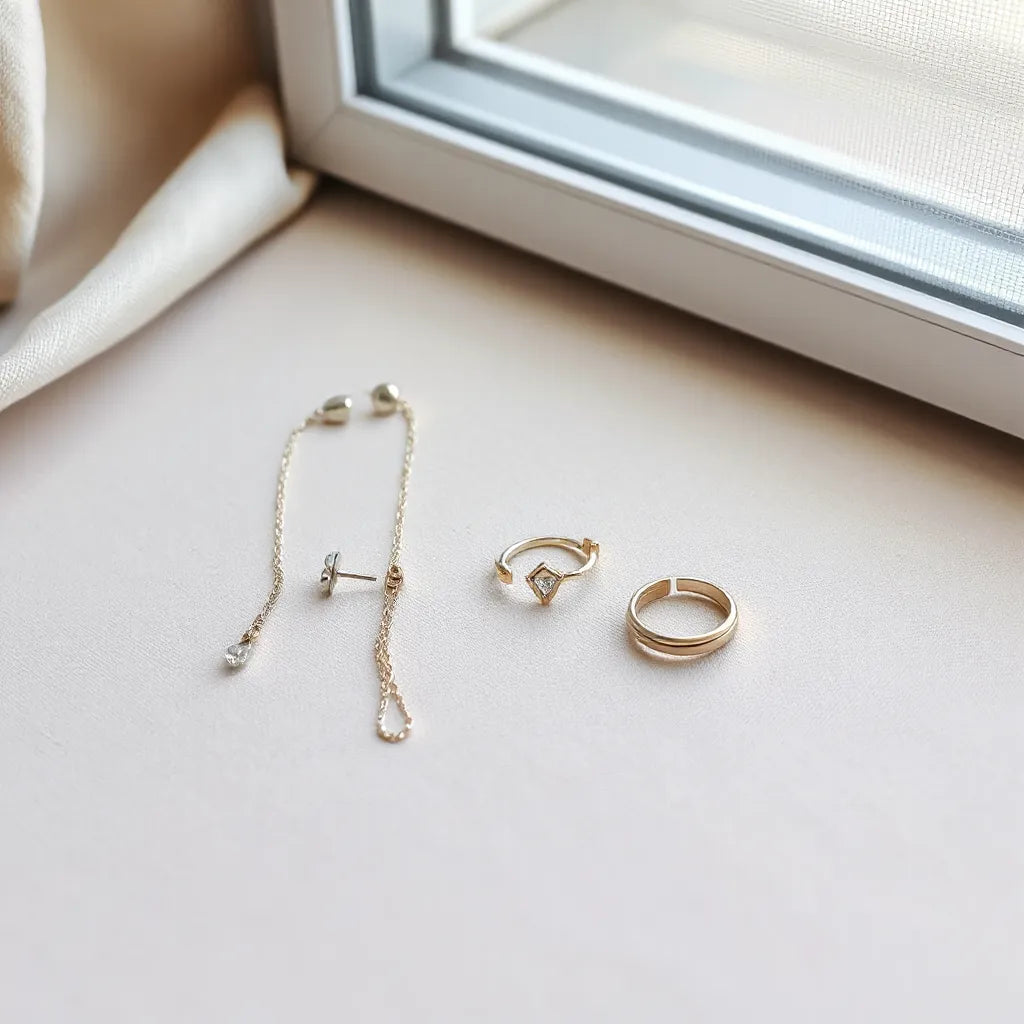 Slim pendant necklace, stud earrings, and stacking rings on a neutral tabletop with soft window light