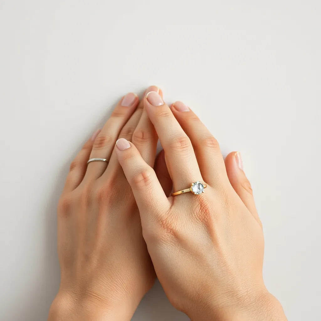 Hand with a ring on the index finger against a clean neutral background