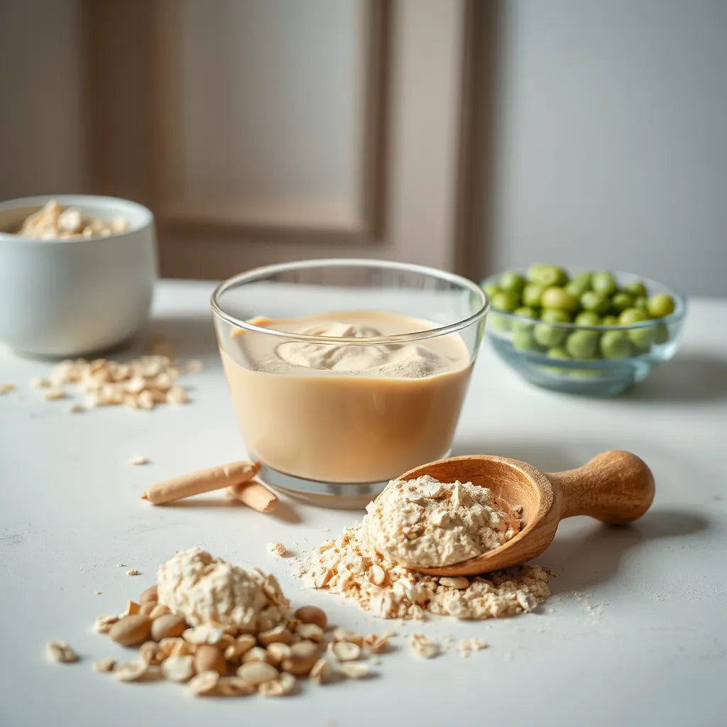 Smooth vegan protein powder with a wooden scoop and subtle plant-based ingredients on a clean surface
