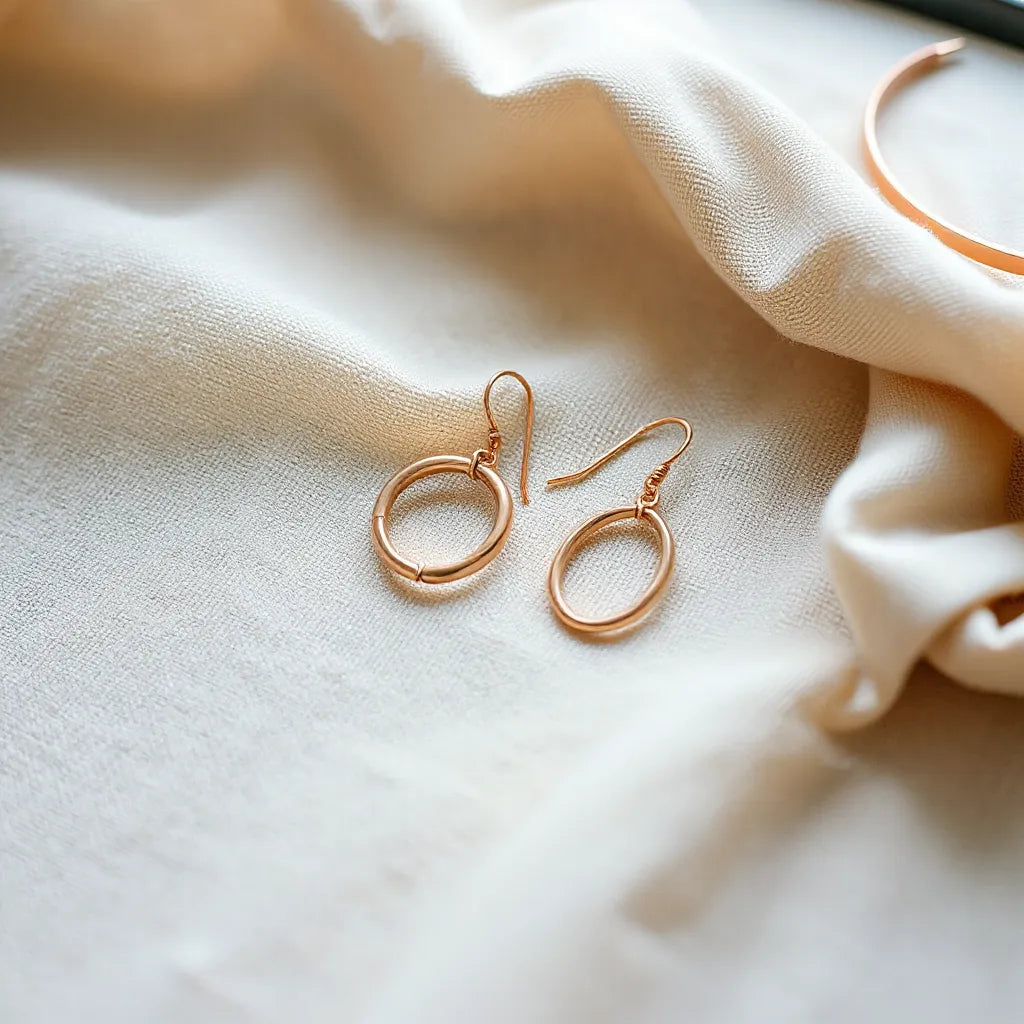 Copper hoop and drop earrings on neutral fabric with a soft linen scarf background