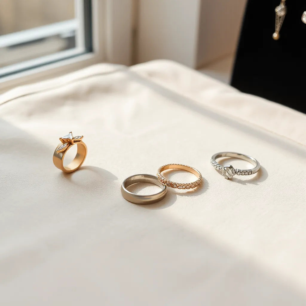 Assorted women’s fashion rings arranged on neutral fabric under soft natural light