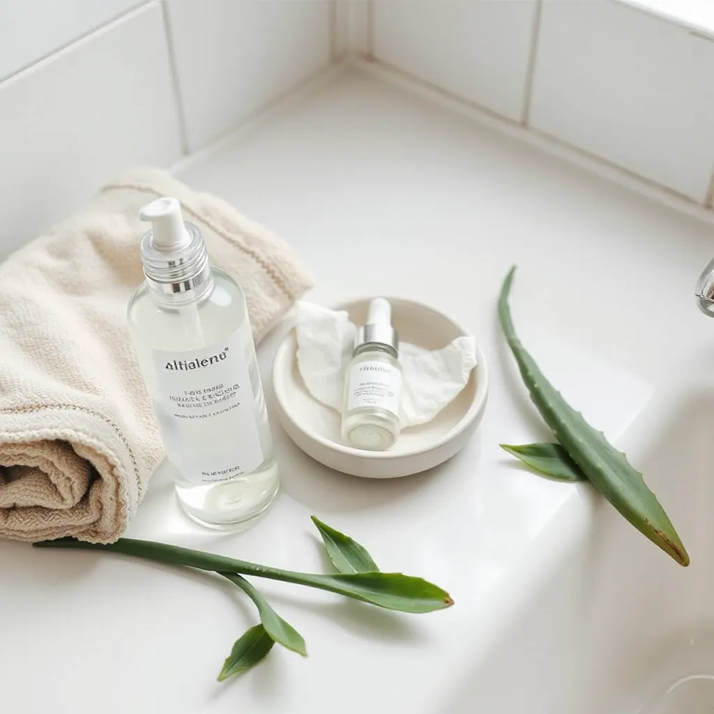 Gentle anti-acne skincare products arranged on a clean counter with aloe leaves