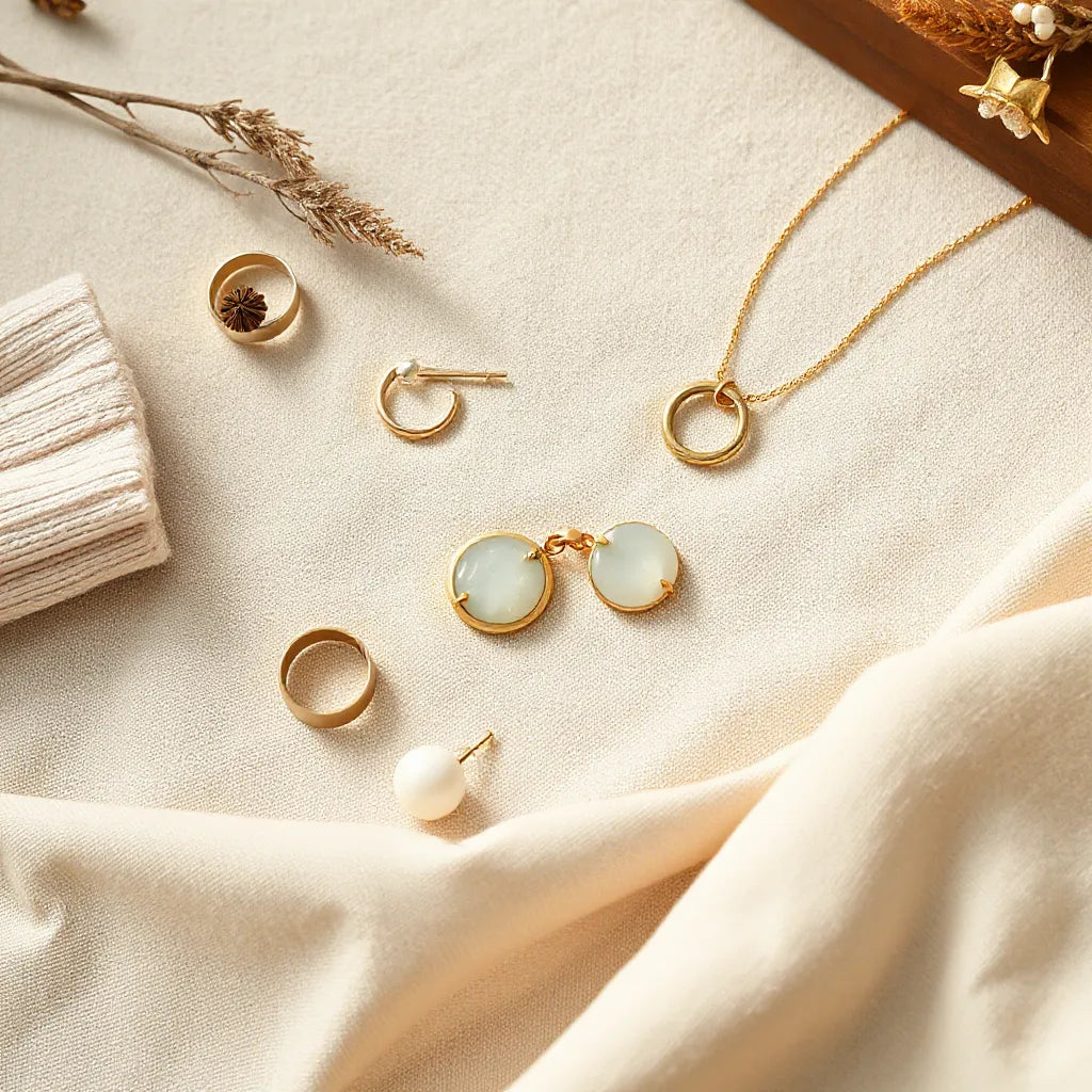 Handcrafted niche designer jewelry set with pendant necklace, small earrings, and a minimalist ring on linen