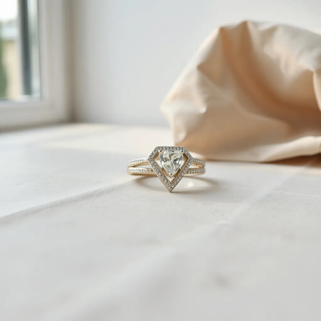 Modern geometric contemporary design ring resting on neutral fabric under soft natural light