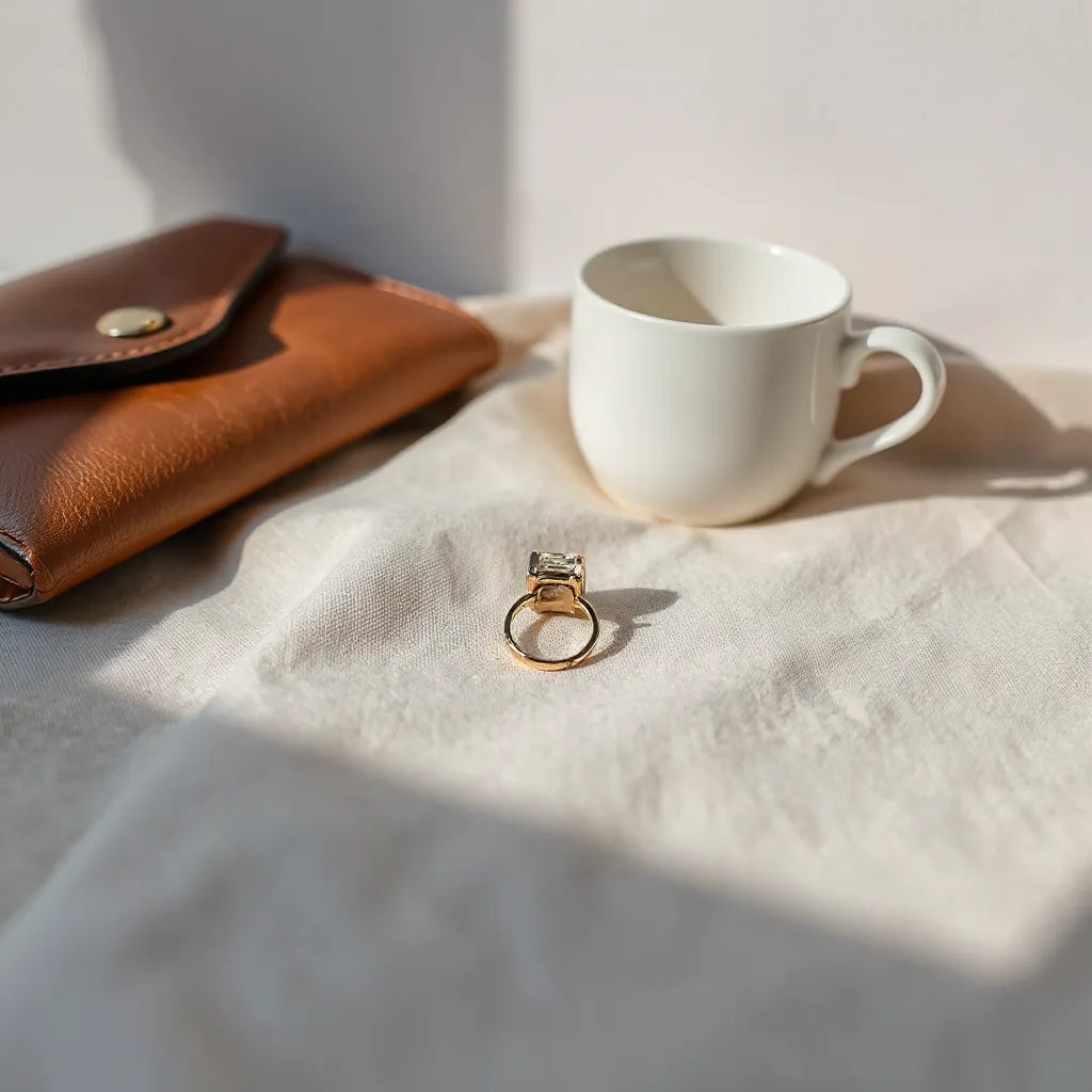European style ring on neutral fabric with soft accessories in natural daylight