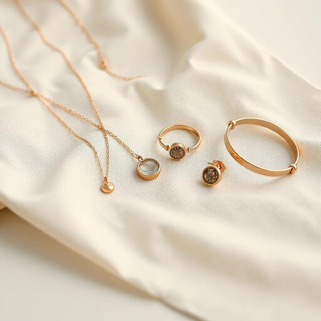 Gilded copper necklace, earrings, and bracelet arranged on neutral fabric in soft window light