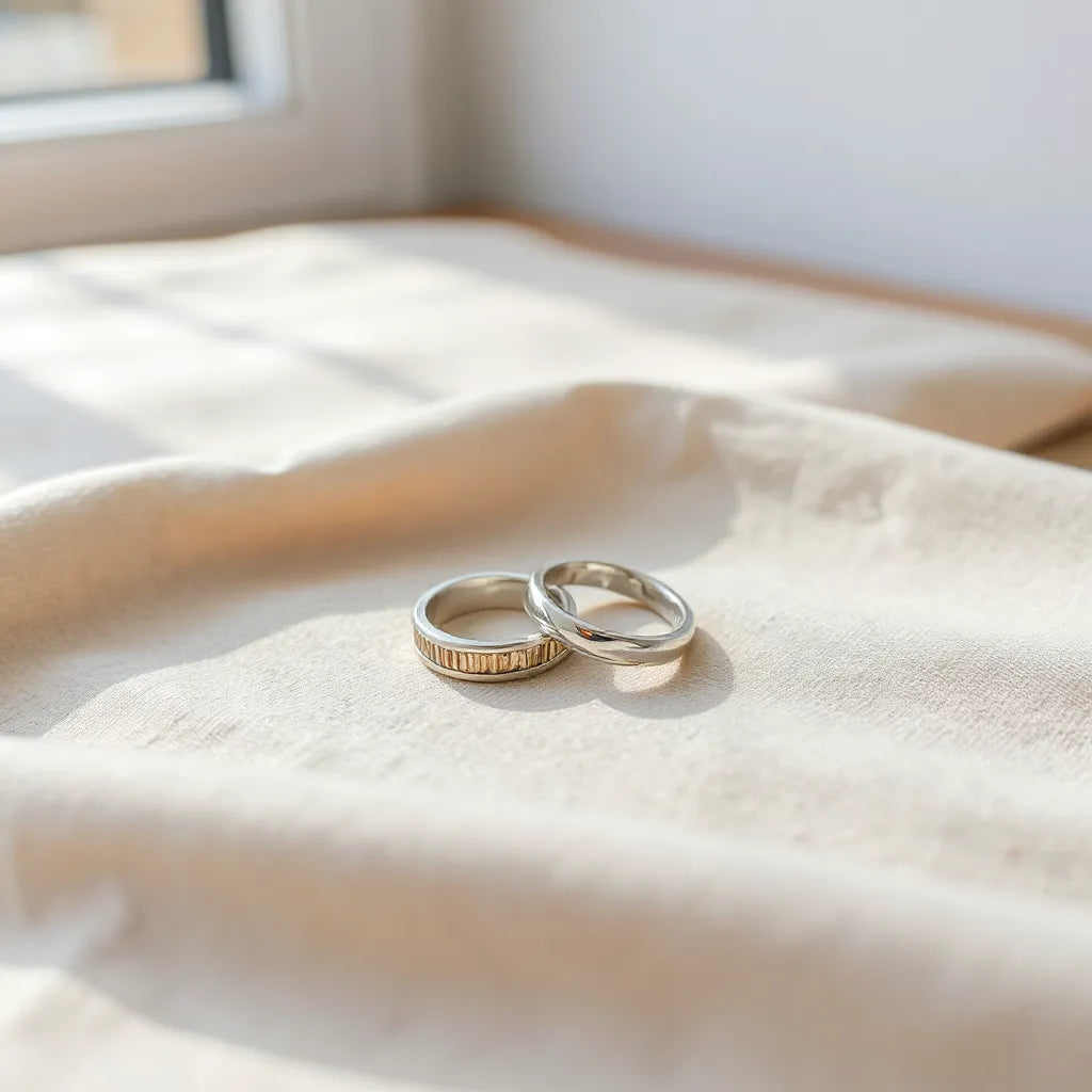 Silver bezel ring with a gemstone setting on neutral fabric under soft window light