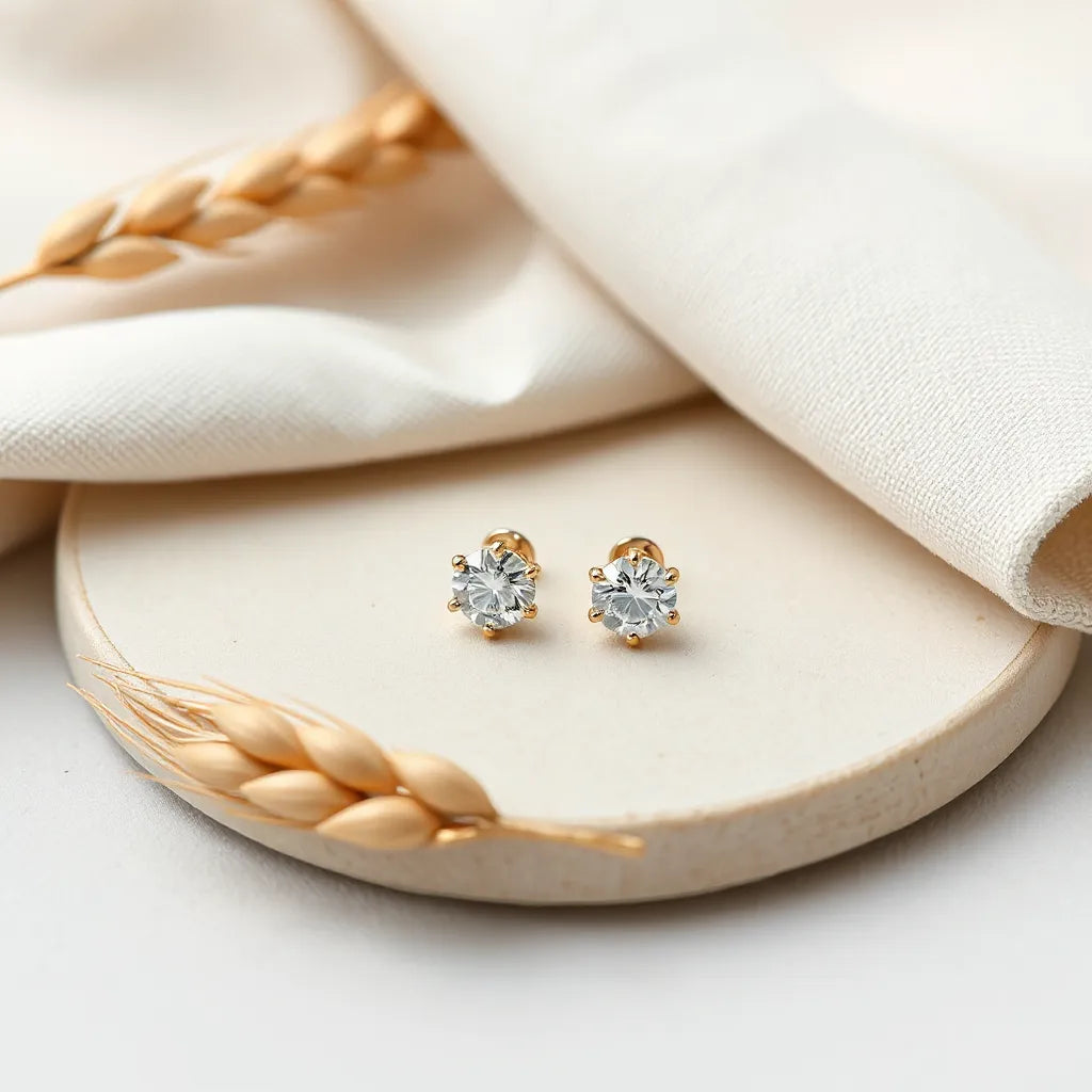 A pair of gold full diamond wheat earrings with sparkling stones arranged on a neutral background.