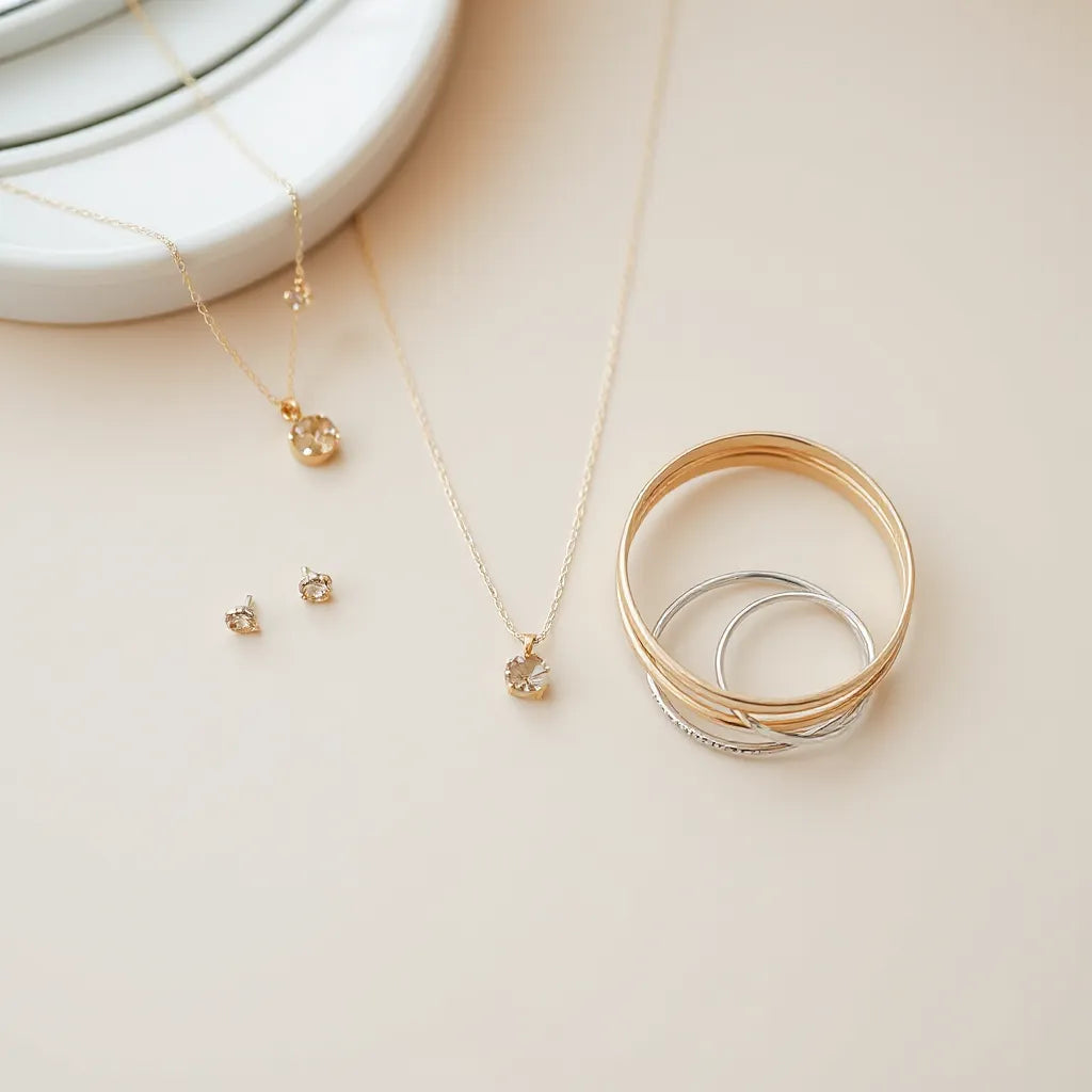 Delicate necklace, stud earrings, bangles, and a ring arranged on a neutral surface in soft light