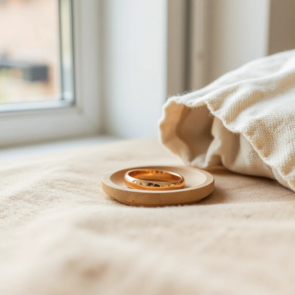 Copper ring on neutral fabric with soft natural light and minimal styling details