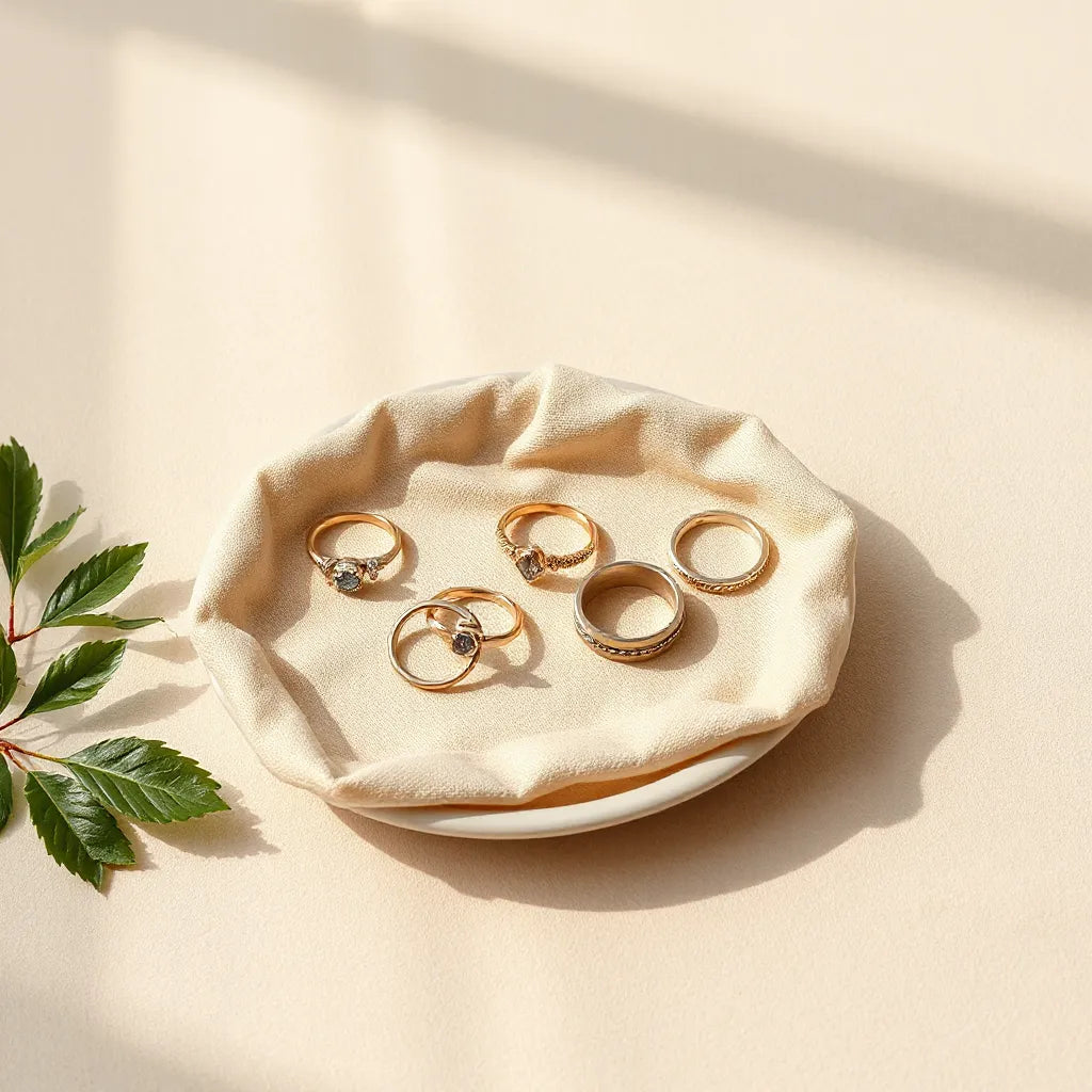 Assorted women’s fashion rings arranged neatly on a light neutral background with soft fabric.