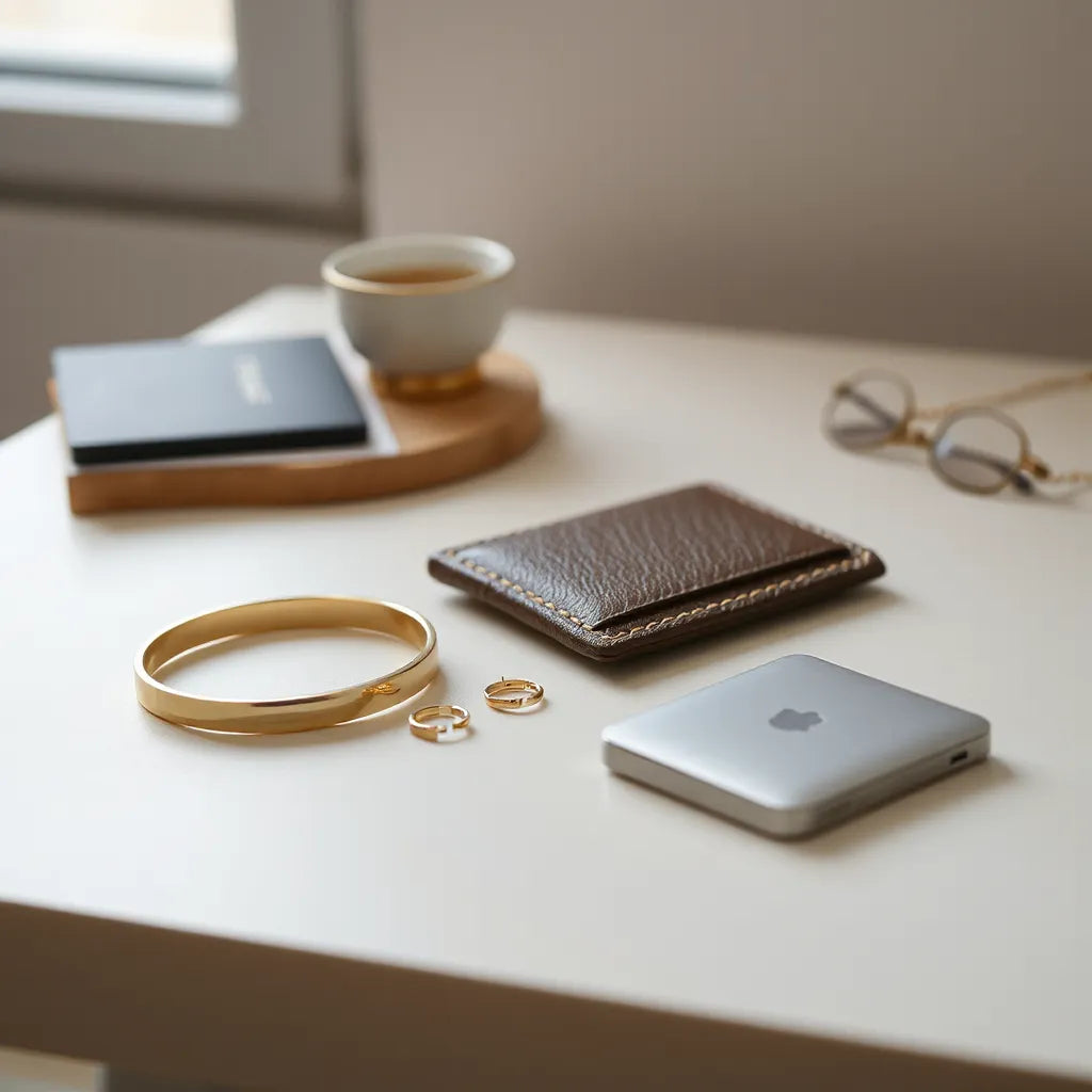Gold-tone bracelet, small hoop earrings, and minimalist necklace arranged on a neutral tabletop