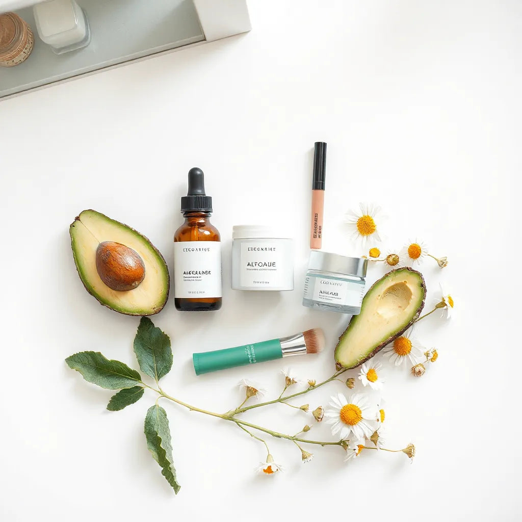 Skincare and lip products arranged on a clean vanity with natural ingredients and soft daylight