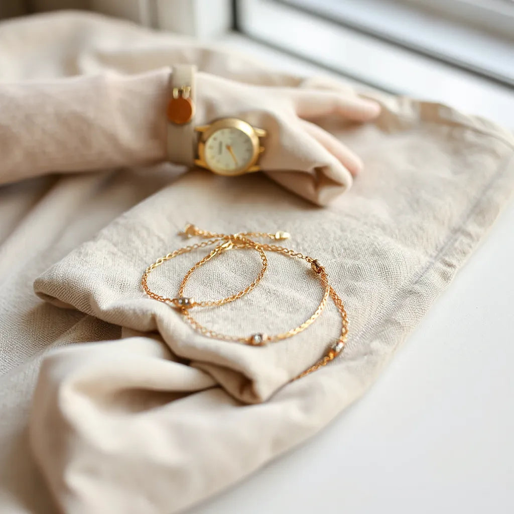 Delicate elegant bracelets on neutral fabric with natural light and soft warm metallic highlights