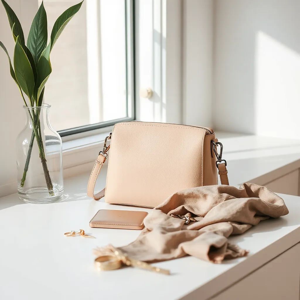 Minimal everyday accessories arranged on a bright countertop, including a crossbody bag, jewelry, and key organizer