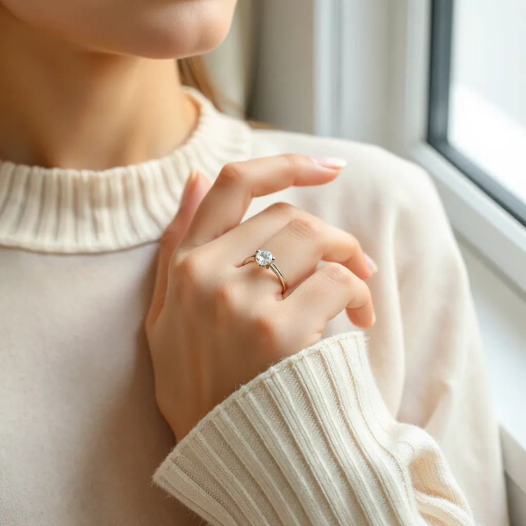 Korean style ring on a hand with soft natural light and minimal background