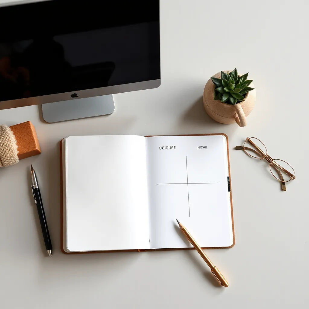 Designer workspace with an open notebook and modular niche layout cards under soft natural light