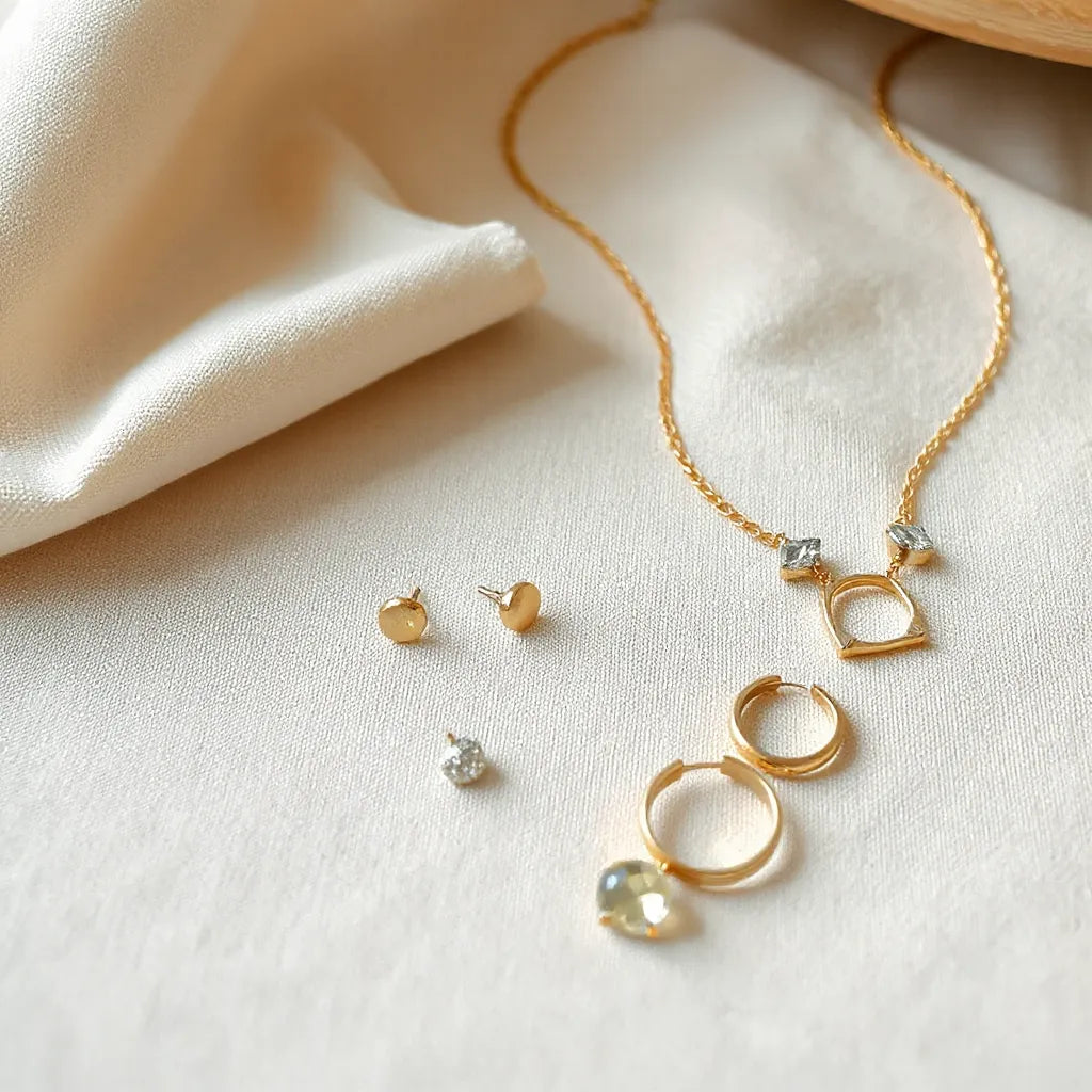 Layered necklace, modern earrings, and slim rings arranged on neutral fabric under soft light