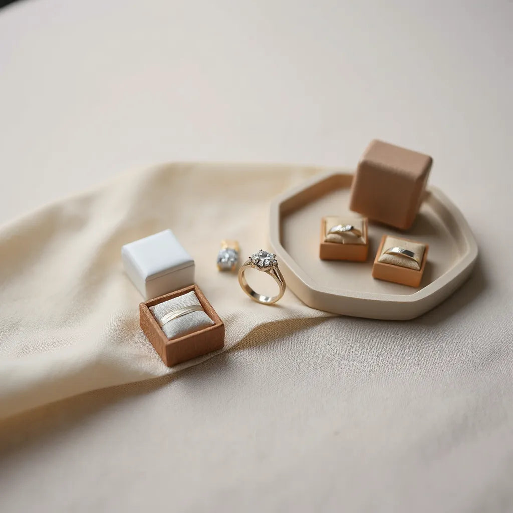 Shiny metal ring on neutral fabric with matching display items in soft studio lighting