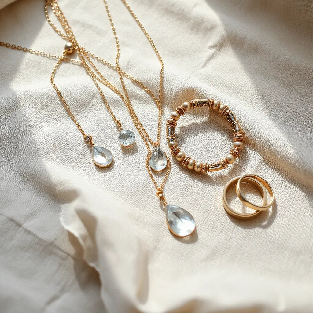 Layered necklaces, stud earrings, a bracelet, and a ring arranged on neutral fabric.