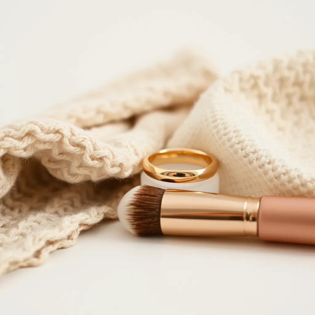 Gold adjustable ring on a neutral surface with soft fabric background, shown in clear detail