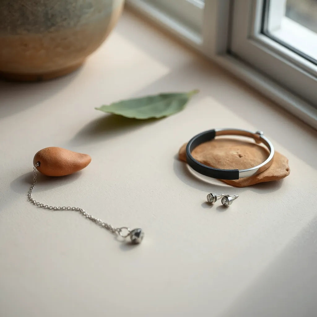 Minimal unisex jewelry set with ring, chain necklace, bracelet, and small stud earrings on a neutral surface
