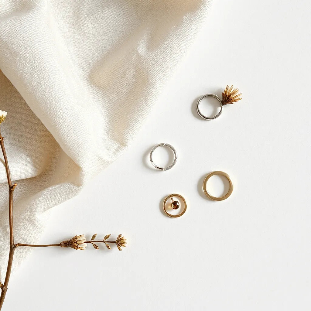 Minimal flat-lay of simple fashion rings on a neutral fabric background