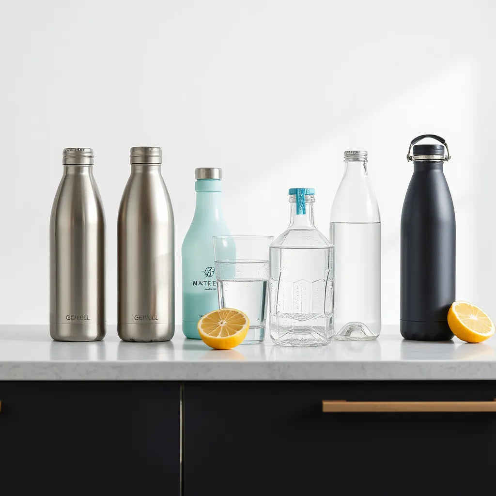 Reusable water bottles and a glass of water on a clean kitchen counter
