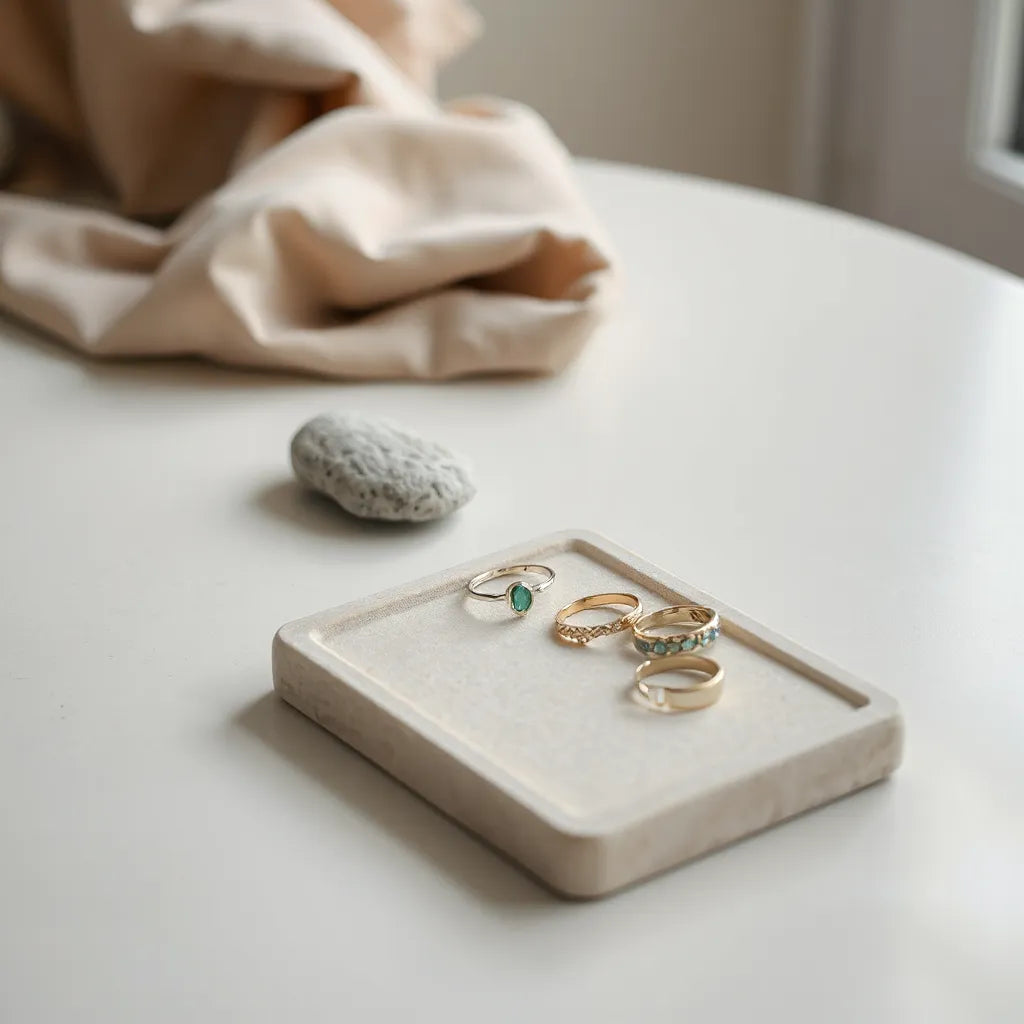 Minimal fashion rings on a neutral tray under soft natural light