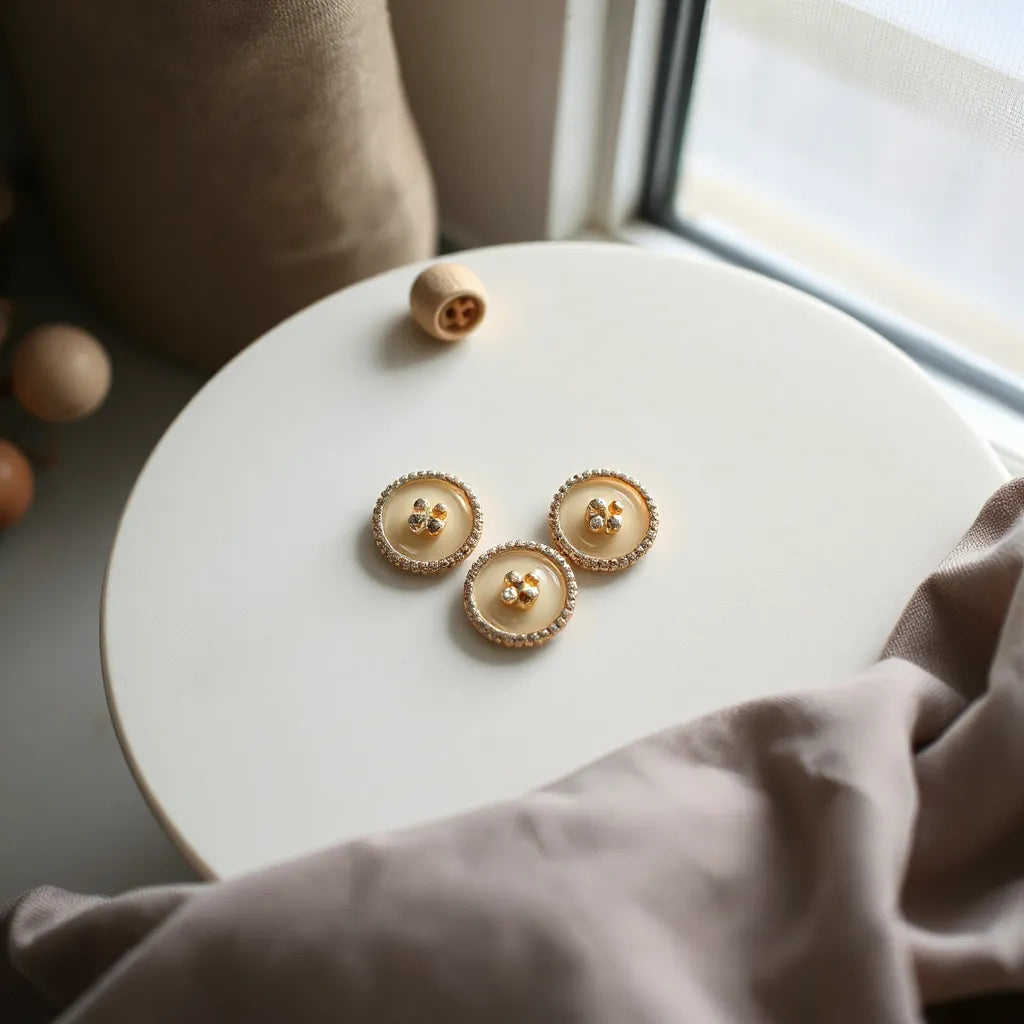 Pair of fashion button earrings with a detailed button face shown on a neutral background