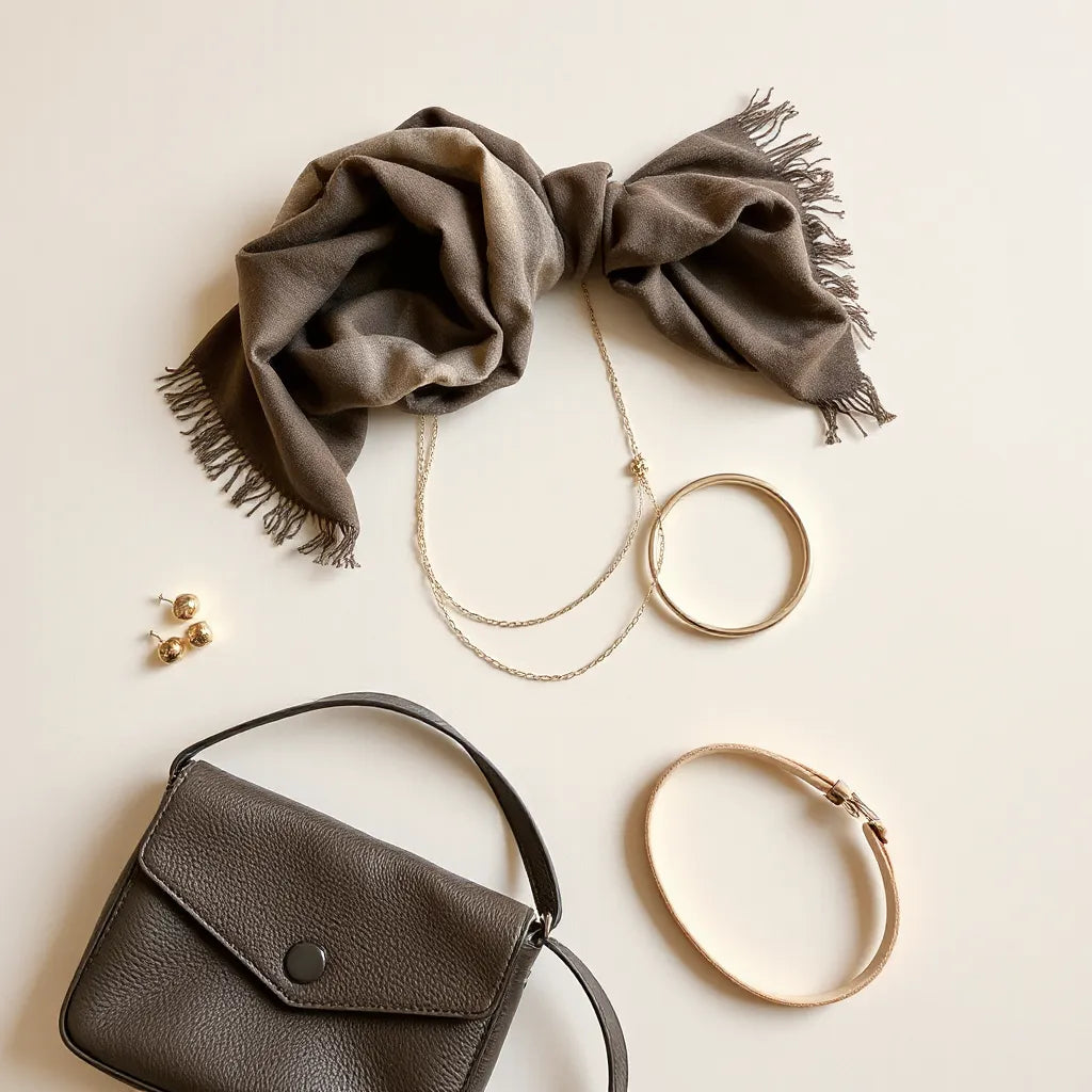 Assorted fashion accessories like a scarf, earrings, necklace, bracelet, belt, and crossbody bag on a neutral background