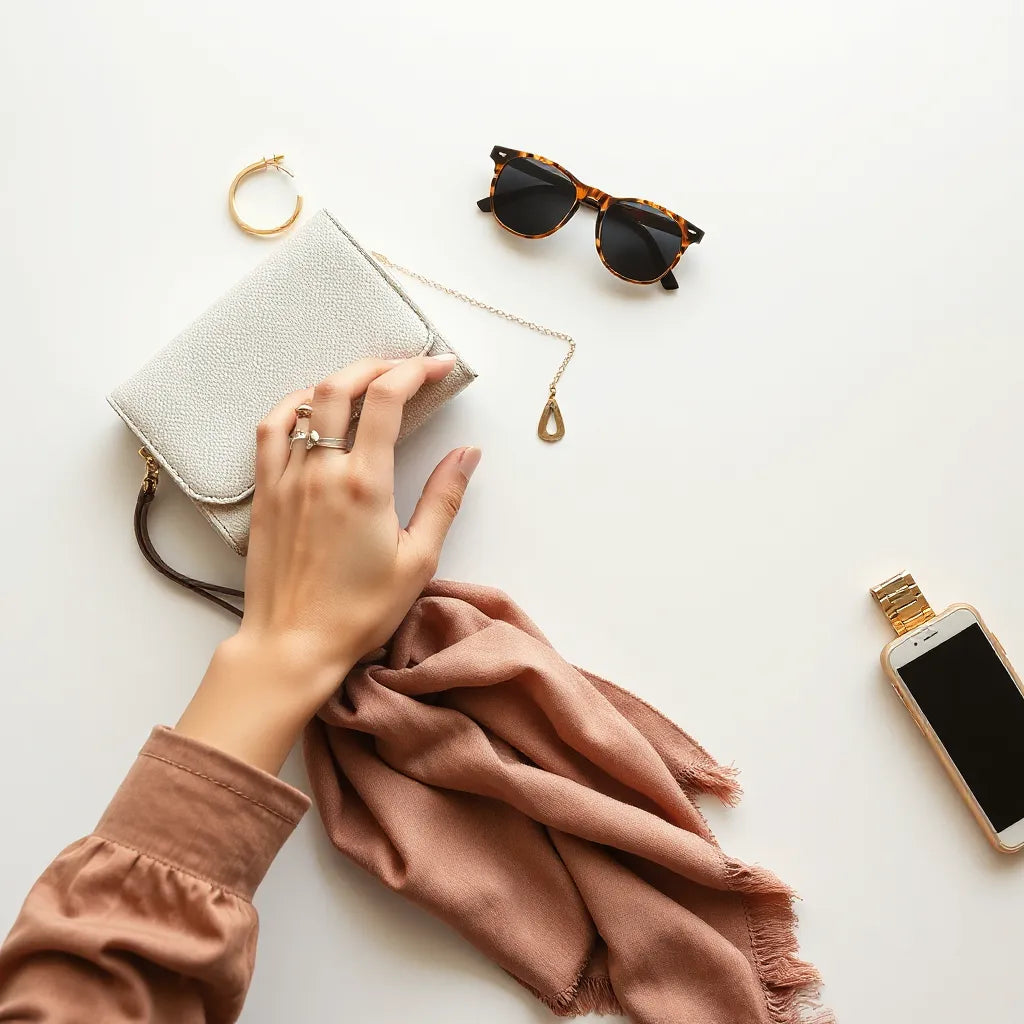 Assorted women’s accessories including earrings, necklace, scarf, bag, and watch laid on a neutral tabletop