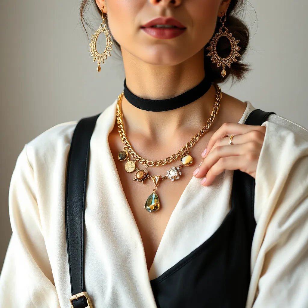 Layered necklaces and statement earrings styled on a model with soft neutral clothing and natural light