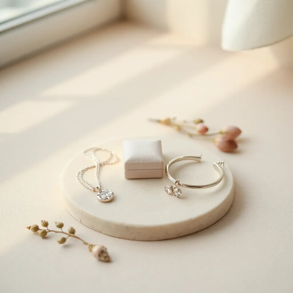 Delicate anniversary jewelry set with necklace and bracelet on a neutral background