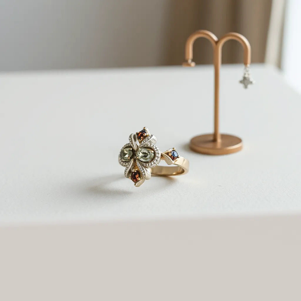 Unique design ring with a sculptural metal setting and subtle gemstone accents on a neutral background