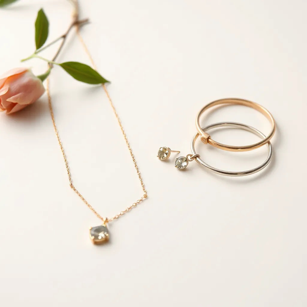 Gold-toned necklace, small hoop earrings, and a delicate bracelet styled together on a neutral background