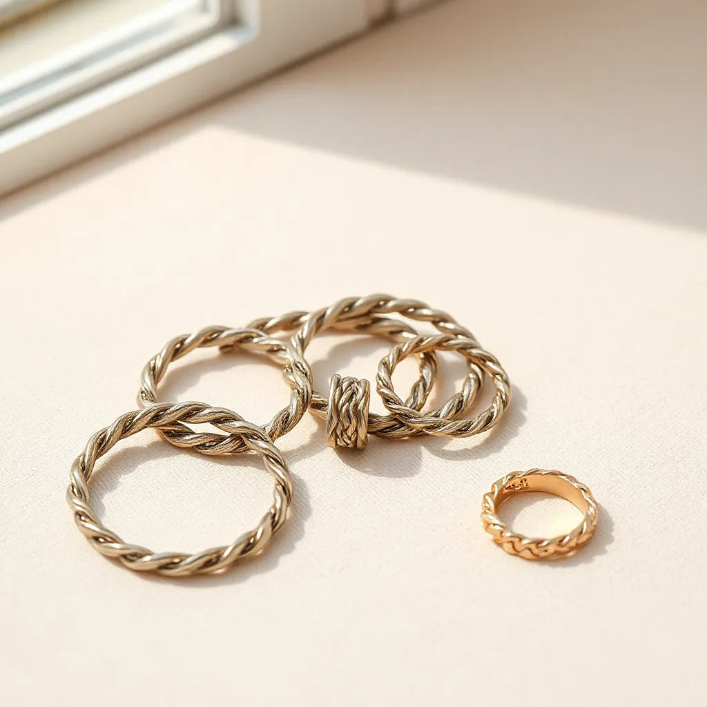 Interlinked woven chain rings arranged on a neutral fabric surface with soft natural light